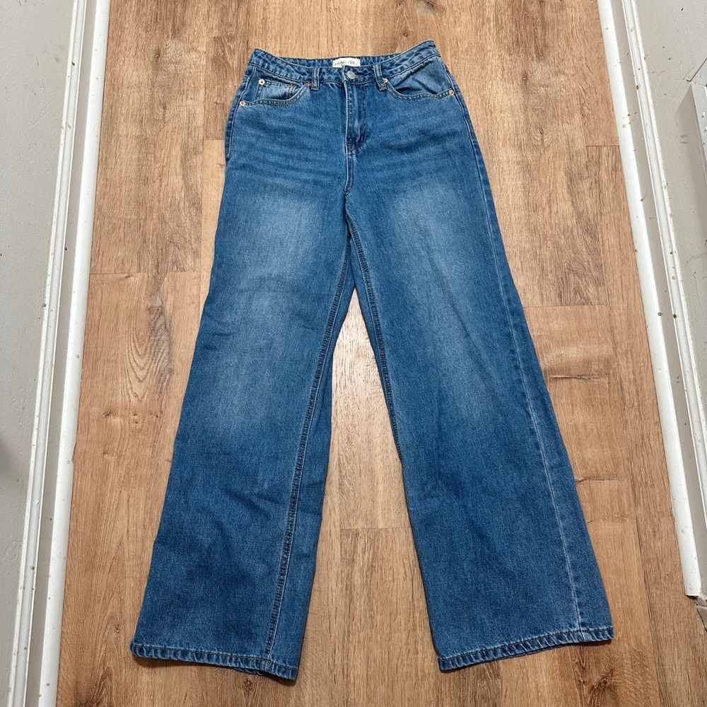 Khaki + Blue | Women's High Rise Medium Wash Wide Leg Denim Blue Jeans, 3/26